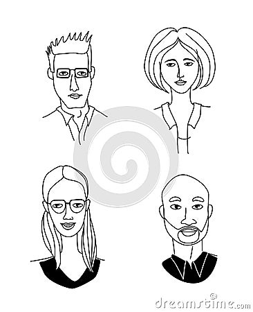 Caucasian women`s men`s head portraits. Mono-ethnic team gruop crowd community Vector Illustration