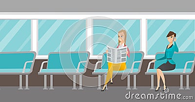 Caucasian women traveling by public transport. Vector Illustration