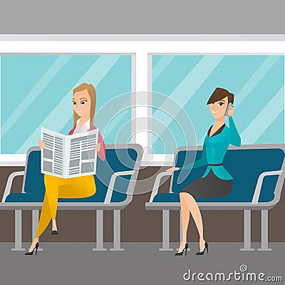 Caucasian women traveling by public transport. Vector Illustration
