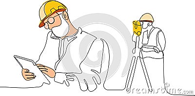 Caucasian worker with helmet on head using tablet Vector Illustration