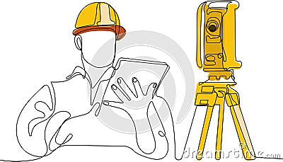 Caucasian worker with helmet on head using tablet Vector Illustration