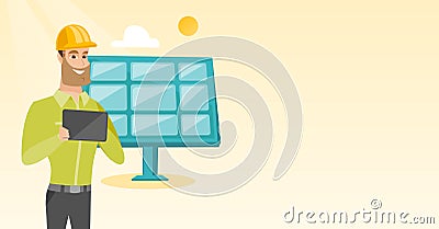 Caucasian worker of solar power plant. Vector Illustration