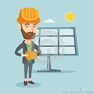 Caucasian worker of solar power plant. Vector Illustration