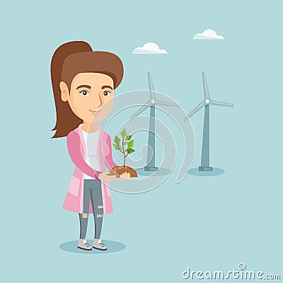 Caucasian worker of wind farm holding small plant. Vector Illustration