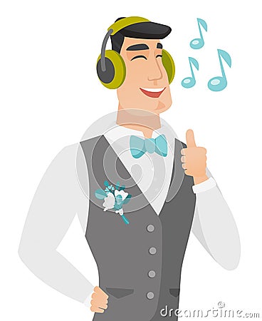 Caucasiangroom listening to music in headphones. Vector Illustration