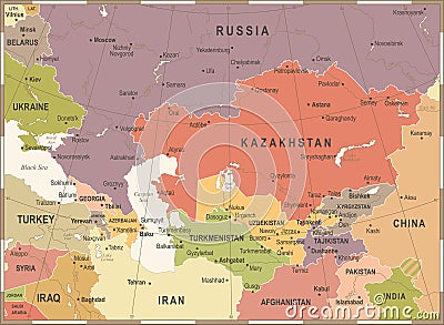 Caucasus and Central Asia Map - Vintage Vector Illustration Stock Photo