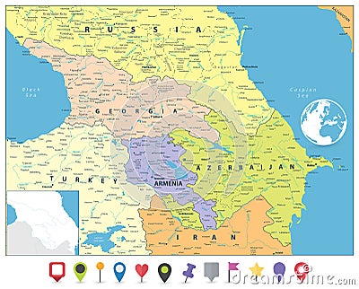 Caucasus Political Map and Flat Map Markers Vector Illustration