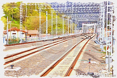 Caucasus. Sochi. railway track. Imitation of a picture. Oil paint. Illustration Stock Photo