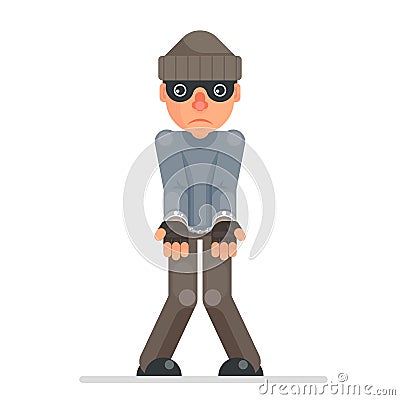 Caught arrested hands handcuff evil greedily thief cartoon rogue bulgar captured character flat design isolated vector Vector Illustration