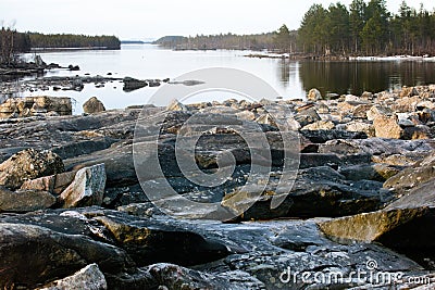 Caught graylings and fishing rod on background of stream Stock Photo