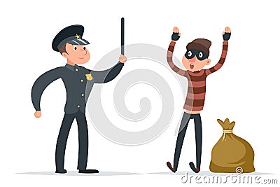 Caught thief surrender loot policeman character cartoon design vector illustration Vector Illustration