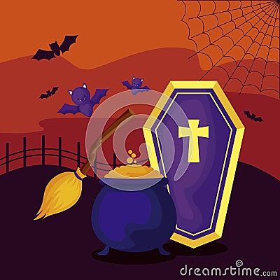 cauldron with coffin in scene halloween Cartoon Illustration