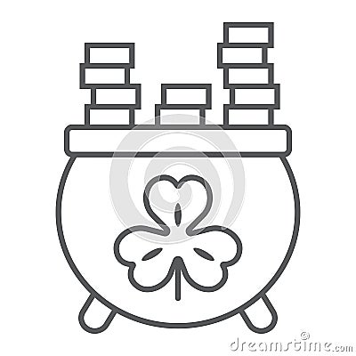 Cauldron with coins thin line icon, st patrick`s day and holiday, cauldron full of gold sign, vector graphics, a linear Vector Illustration