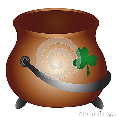 Cauldron for gold. Decorated with a three-leaf clover. Empty. Color vector illustration. Isolated background. Flat style. Vector Illustration