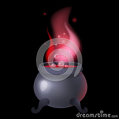 Cauldron. Magic potion in pot, love elixir, pink liquid, halloween witch alchemy beverage. Wizard tool for cooking Vector Illustration