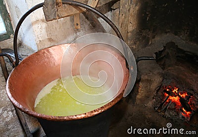 cauldron to heat whey for cheese production in a dairy in the m Stock Photo