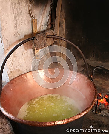 cauldron with whey for cheese production in a dairy inside the s Stock Photo