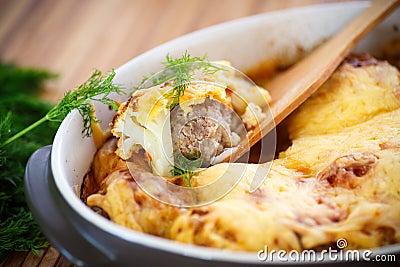 Cauliflower baked with meatballs Stock Photo