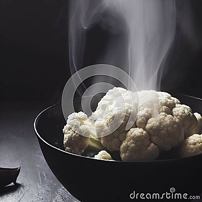 Cauliflower in a black bowl, a steaming boiled hot Stock Photo