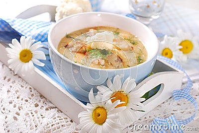 Cauliflower cream soup with chicken and parmesan cheese Stock Photo