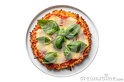 Cauliflower Pizza Crust On White Plate, On White Background Stock Photo