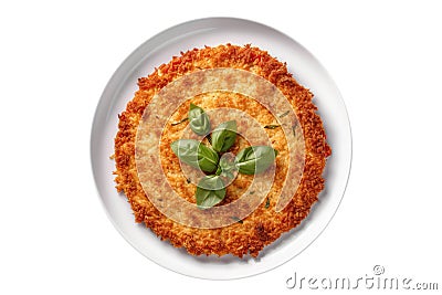 Cauliflower Pizza Crust On White Plate, On White Background Stock Photo