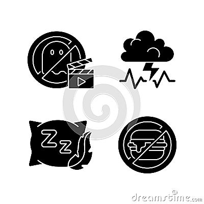 Causes for bad sleep black glyph icons set on white space Vector Illustration