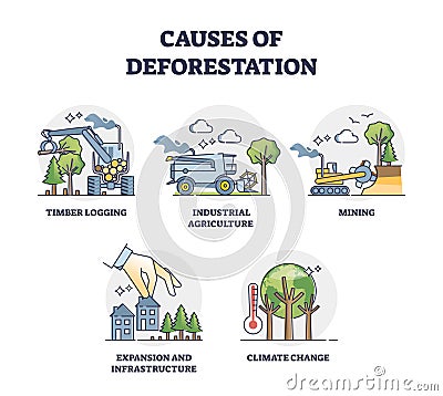 Causes of deforestation and wood resources consumption outline collection set Vector Illustration