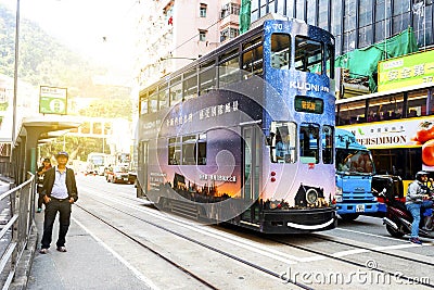 Causeway Bay, Hong Kong - 23 November 2018: Double-decker tram Trams are also a major tourist attraction and one of the best eco- Editorial Stock Photo
