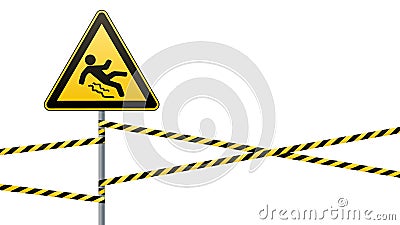 Caution - danger Beware of slippery. Safety sign. The triangular sign on a metal pole with warning bands. White background. Vector Cartoon Illustration