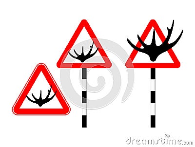 Caution deer on the road. Silhouette logo sign. Vector illustration. Humor. Horn road sign in red triangle Vector Illustration