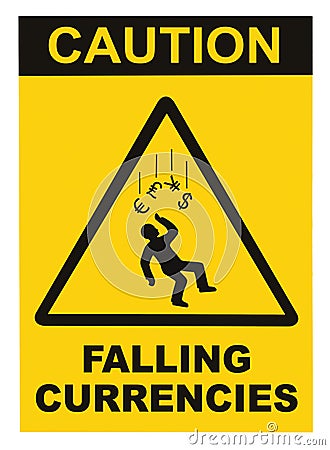 Caution Falling Currencies Objects Warning Sign Concept Isolated, black drop triangle over yellow, large macro, US Dollar, EU Euro Stock Photo