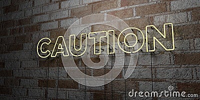 CAUTION - Glowing Neon Sign on stonework wall - 3D rendered royalty free stock illustration Cartoon Illustration