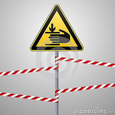 Caution, hands may be injured. Attention is dangerous. Warning sign safety. A yellow triangle with a black image. The Vector Illustration