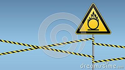 Caution oxidizer. Safety sign. Safety at work. Yellow triangle with black image, metal pillar, protective tapes. Sky Vector Illustration