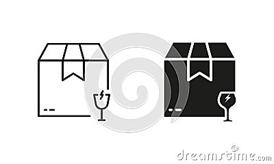 Caution Parcel Cardboard Box with Glassware Care Silhouette and Line Icon. Careful Glass Handle Shipping Pictogram Vector Illustration