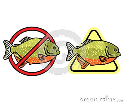 Caution piranha and swimming is prohibited, warning signs, logo design. Fish, animal, Amazon river and underwater life, vector des Vector Illustration