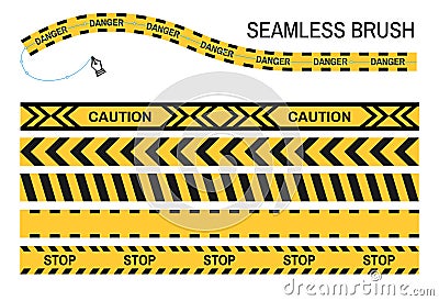Caution police tapes seamless brush stop yellow ribbon Vector Illustration