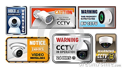 Caution Protect Cctv Nameplates Posters Set Vector Vector Illustration