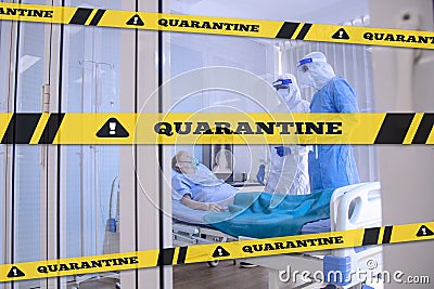 Caution on quarantine area sign in front of quarentine room with background of patient Stock Photo