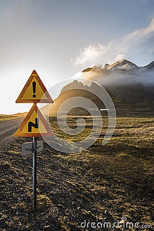 Caution Sign in Iceland Stock Photo