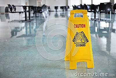 Caution Sign Inside Building Stock Photo