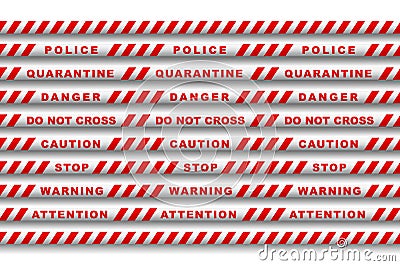 Caution tape set of red warning ribbons. Warning lines for police, accident, under construction. Cartoon Illustration