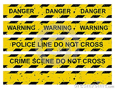Caution tape set. Yellow warning ribbon collection with different texts: do not cross police line, crime scene, danger, warning Vector Illustration