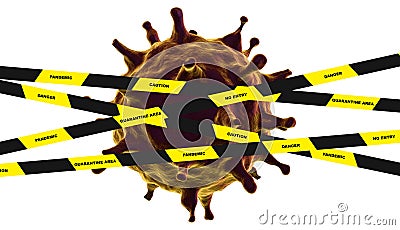 Caution tape with sign quarantine area, no entry, pandemic over the virus molecular stoping 3d rendering Cartoon Illustration