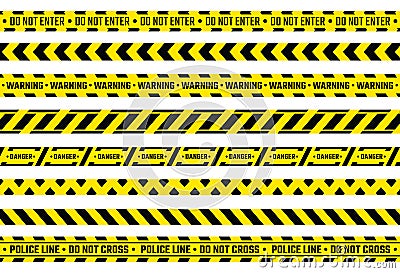 Caution tape. Yellow attention ribbon with warning signs, police evidence protection and construction protection tape Vector Illustration