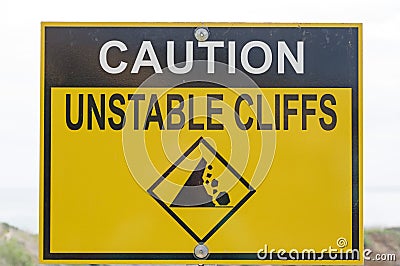 Caution Unstable Cliffs Sign Stock Photo