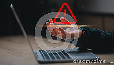 Caution warning for notification error and to be aware of the dangers of being hacked by hackers. Stock Photo