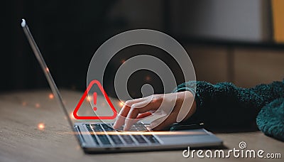 Caution warning for notification error and to be aware of the dangers of being hacked by hackers. Stock Photo