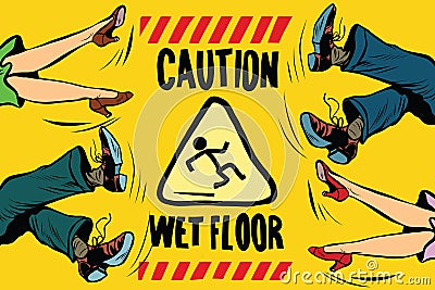 Caution wet floor, feet of women and men Vector Illustration